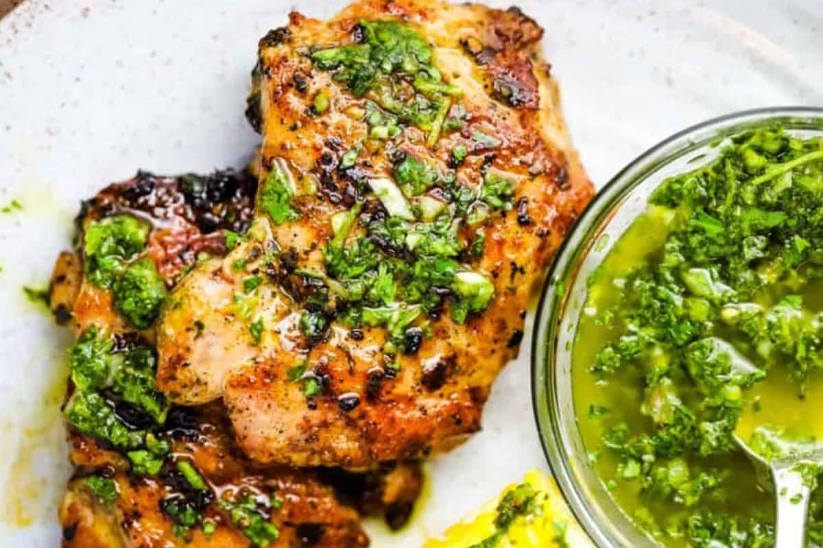 A plate of Chimichurri Chicken Thighs.