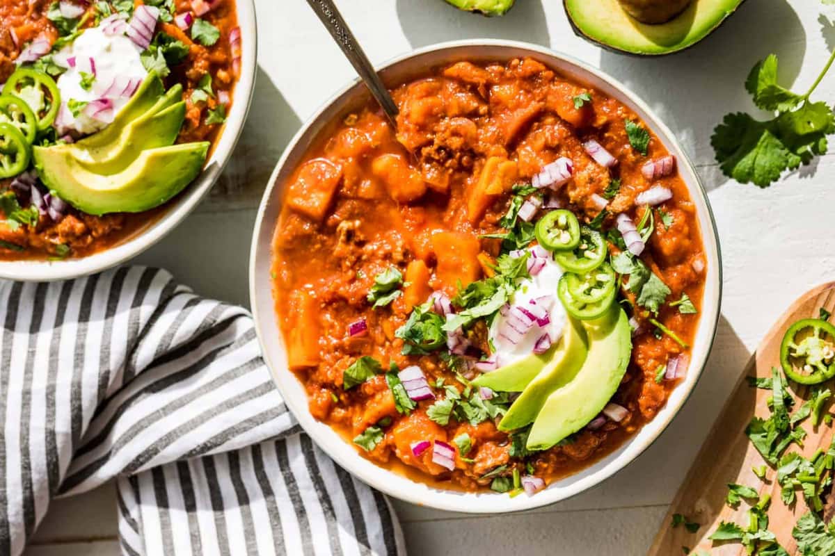 A bowl of Slow Cooker Whole30 Chili.