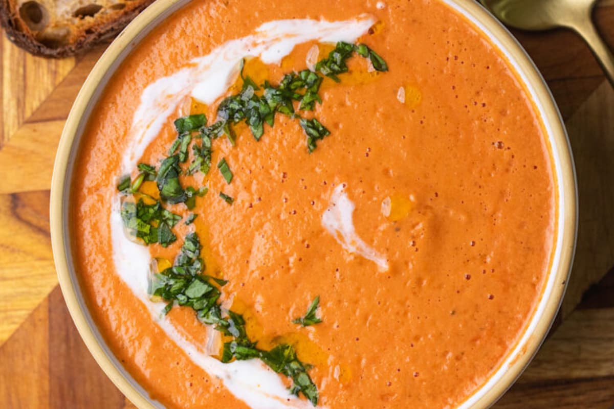 A bowl of High Protein Tomato Soup.