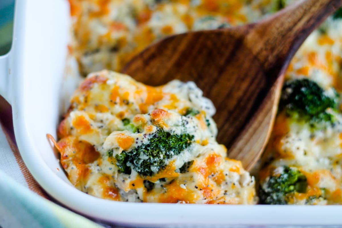 A dish of Everything Bagel Chicken Casserole.