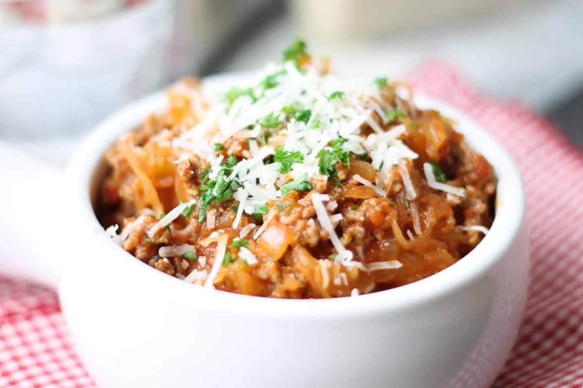 A dish of Spaghetti Squash Bolognese.