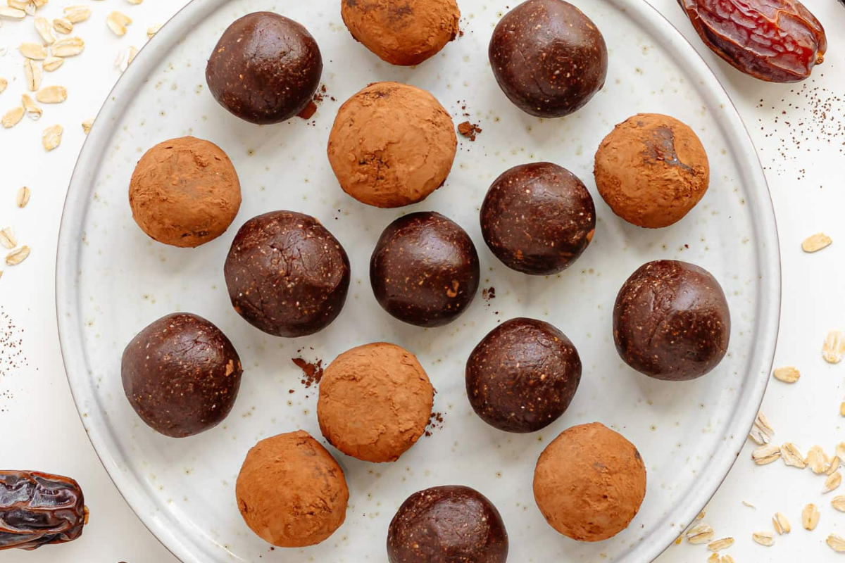 A plate of Chocolate Bliss Balls.