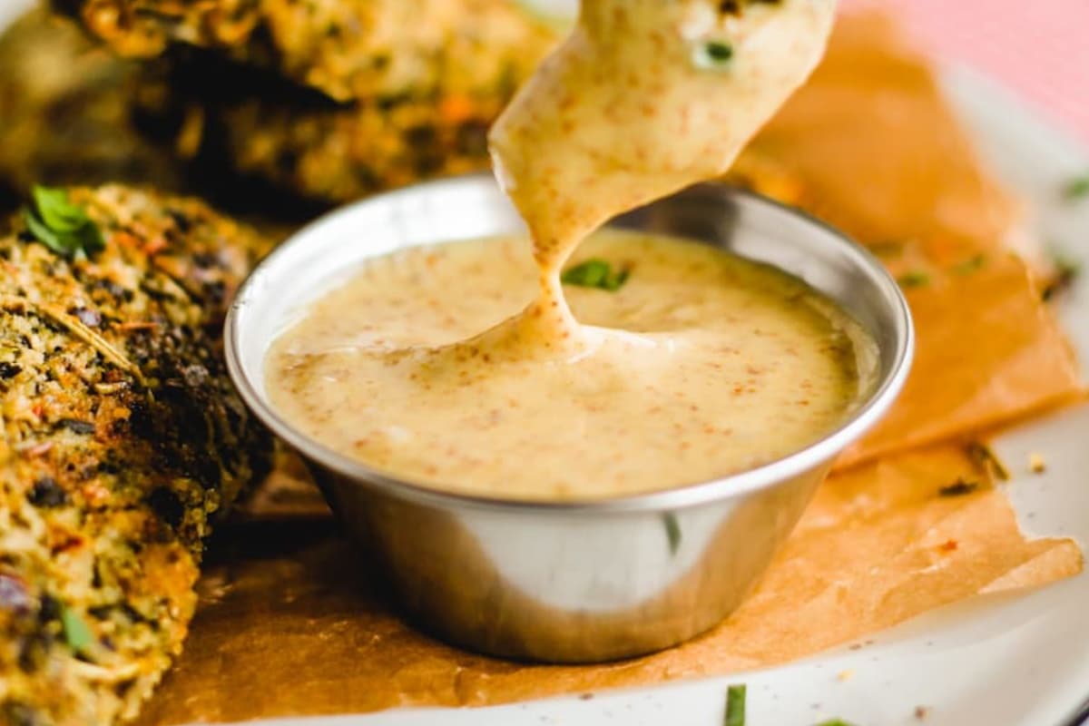 A dish of Honey Mustard Sauce without Honey.