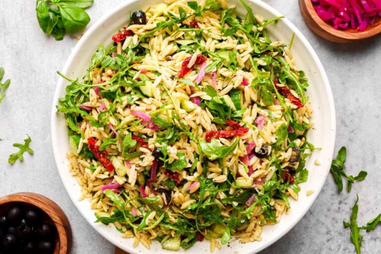 A bowl of Orzo Pasta Salad.