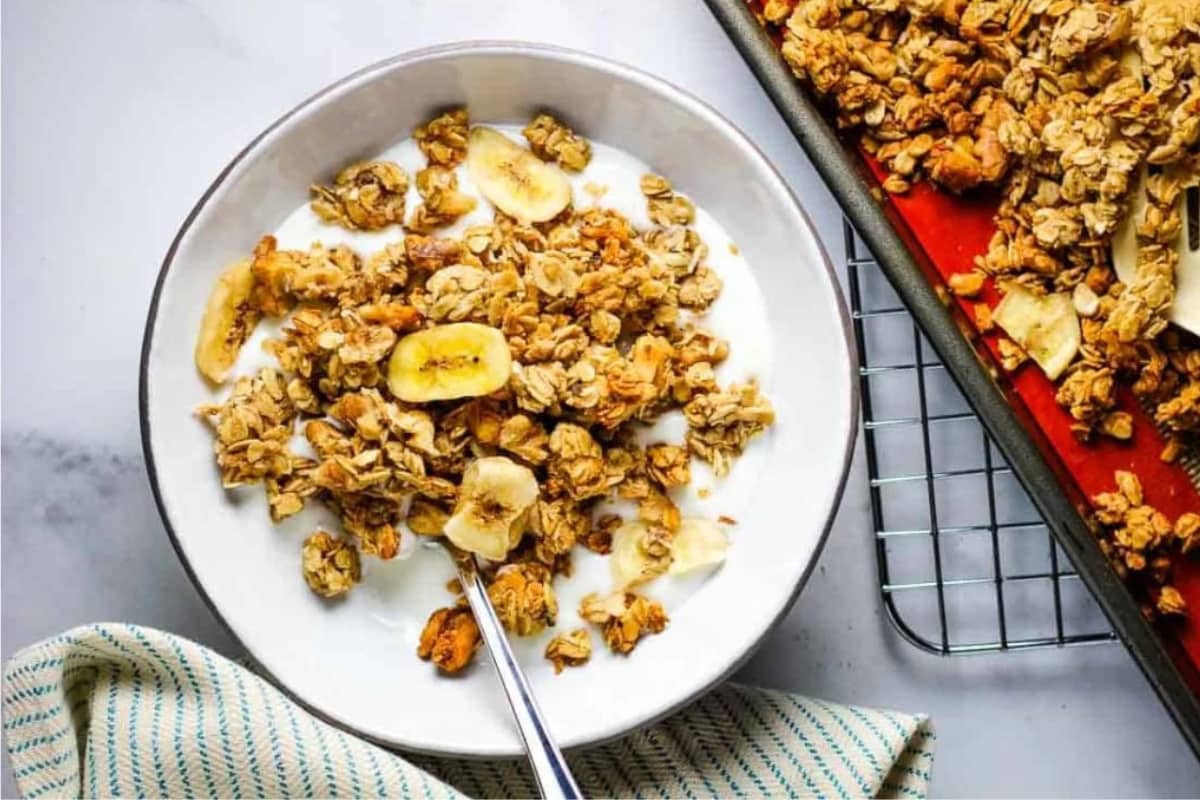 A bowl of Peanut Butter Banana Granola.