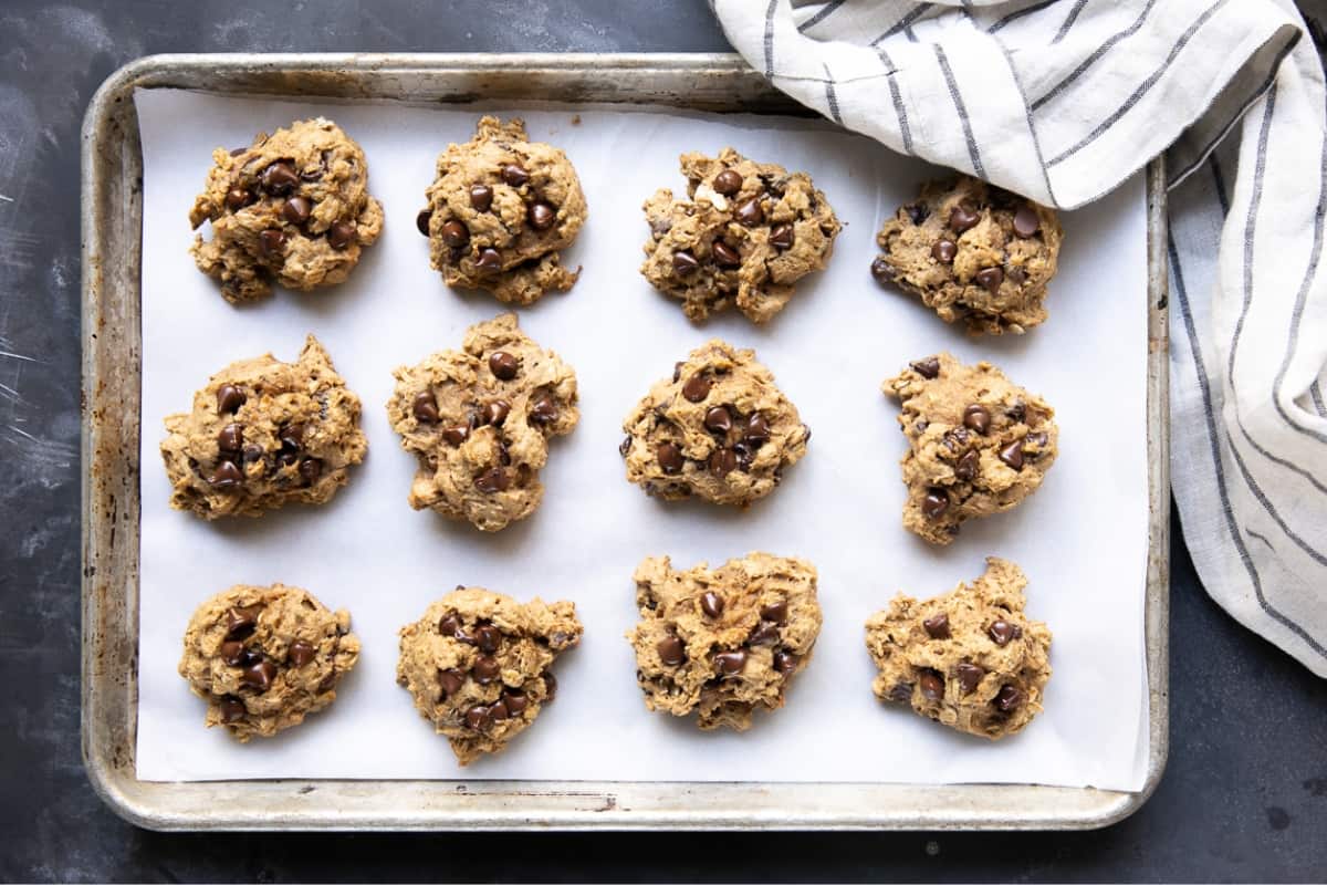 A tray of Pumpkin Oatmeal Chocolate Chip Cookies.