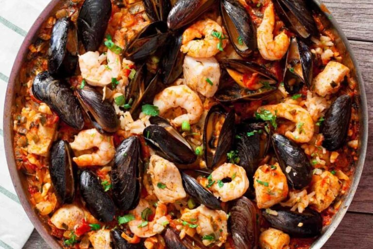 A dish of Easy Seafood Paella.