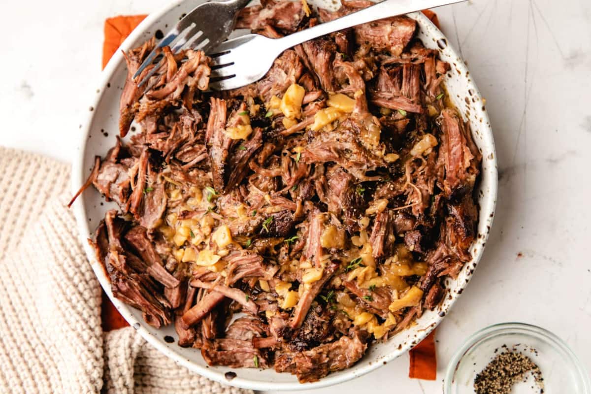 A plate of Slow Cooker Garlic Pot Roast.