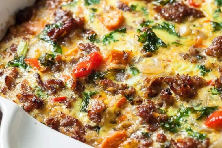 A dish of Sweet Potato Sausage Breakfast Casserole.
