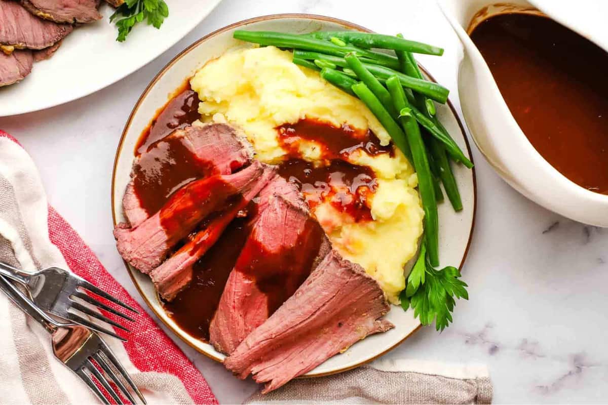 A bowl of Top Round Roast Beef.