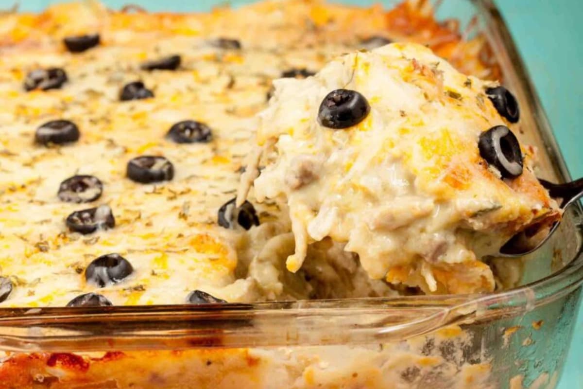 A dish of White Chicken Enchilada Casserole.