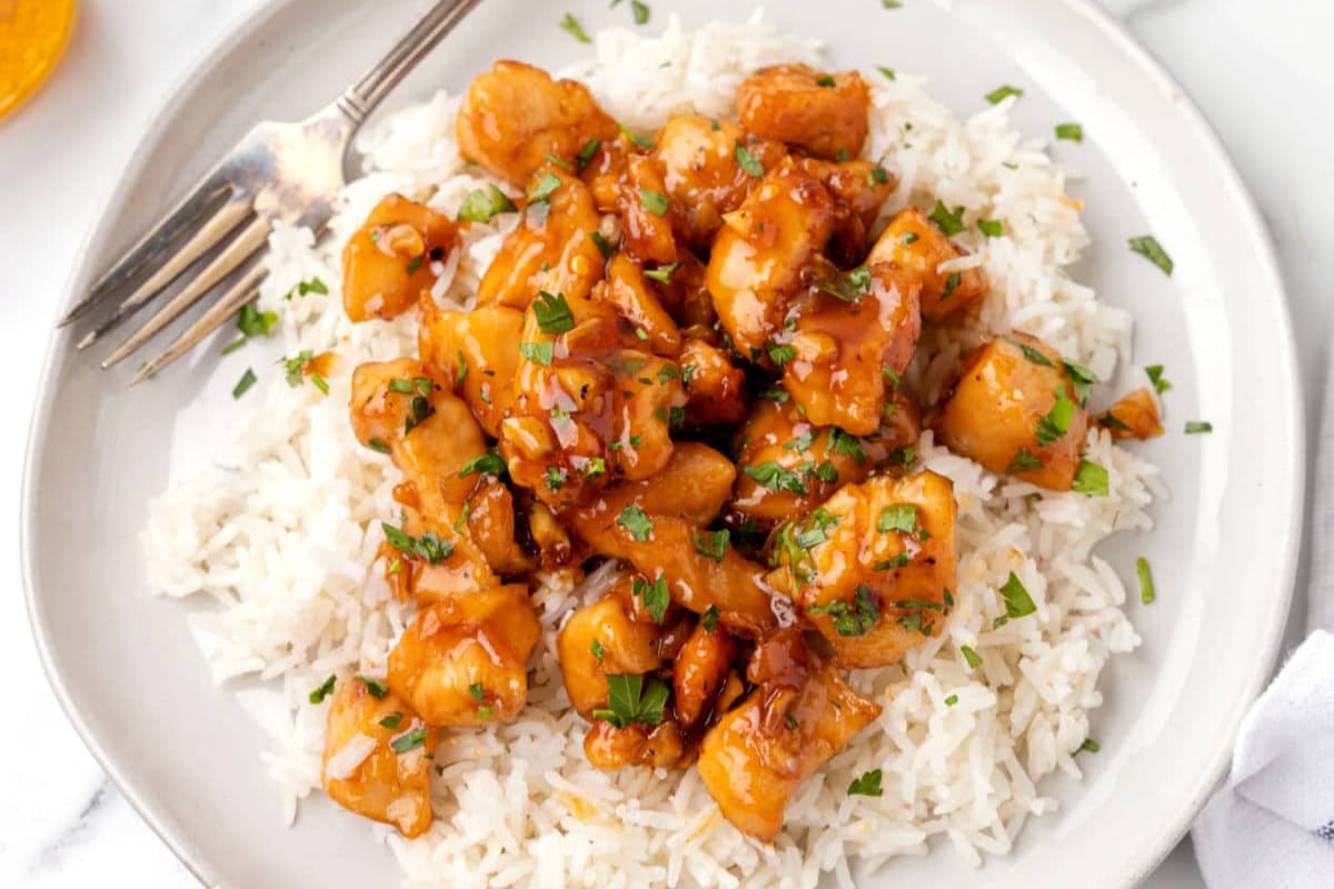 A plate of honey garlic chicken.