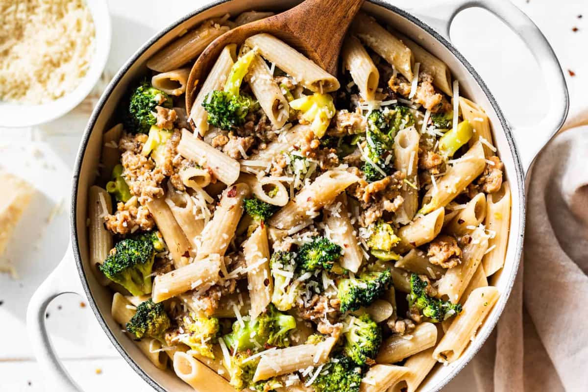 A pot of Sausage Broccoli Pasta.