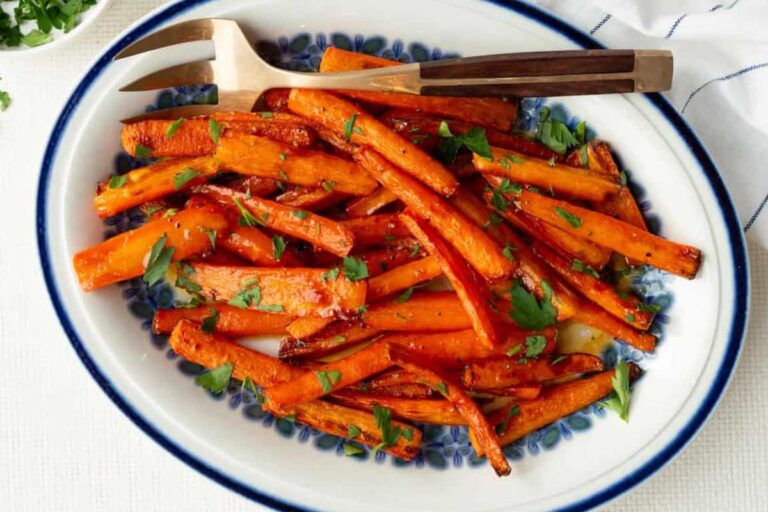 A plate of air fryer hot honey carrots.
