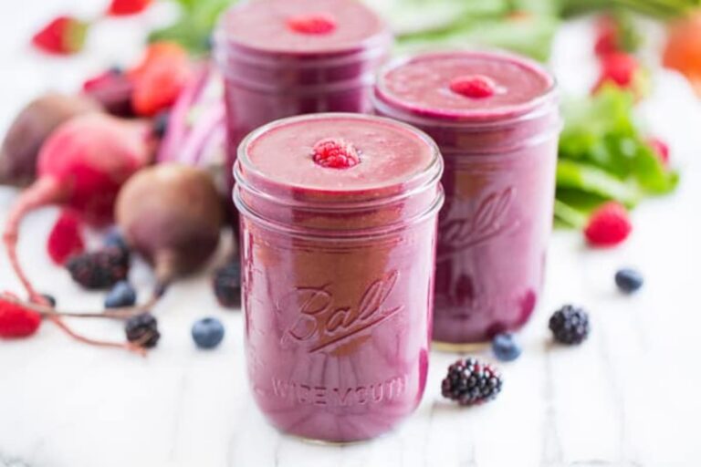 A glass of Glowing Berry Beet Smoothie.