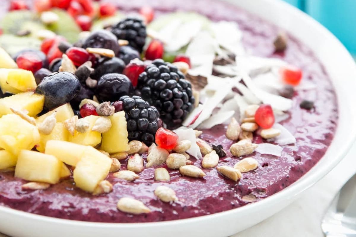 A dish of Blueberry Lavender Smoothie Bowl.