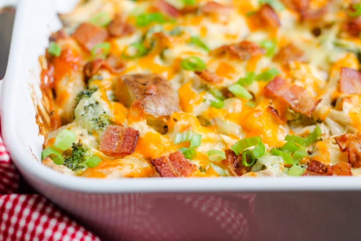 A dish of loaded chicken potato casserole.