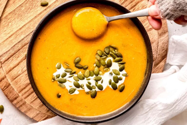 A bowl of Butternut Squash Soup (with added protein).