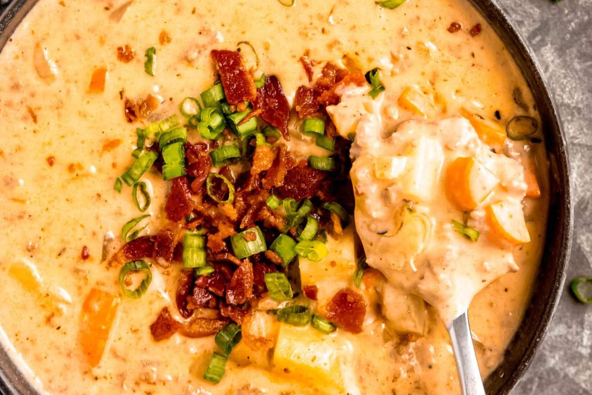 A bowl of Creamy Cheeseburger Soup.
