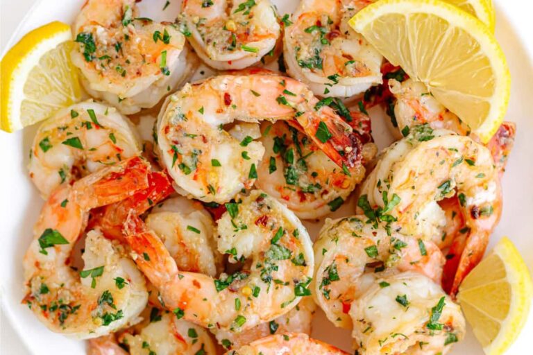 A plate of Pan Seared Garlic Ginger Shrimp.