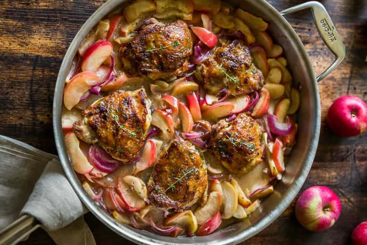 Overhead image of Honey Mustard Chicken Apple Skillet Dinner.