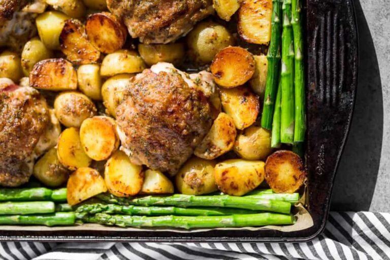 Overhead image of Honey Mustard Chicken and Potato Sheet Pan Dinner.