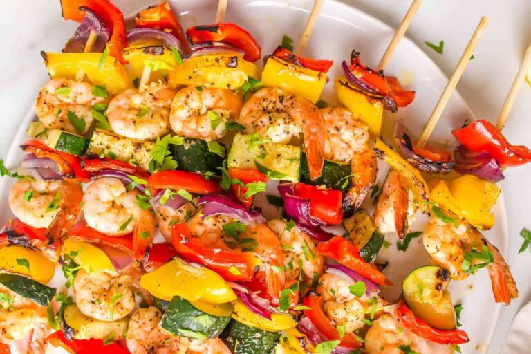 A plate of Lemon Garlic Shrimp Kabobs.