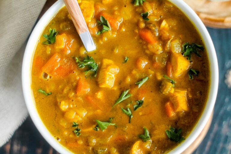 A bowl of Mulligatawny Chicken Soup.