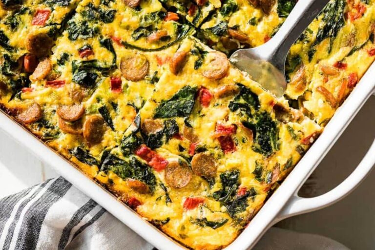 A dish of Sausage Hash Brown Breakfast Casserole.