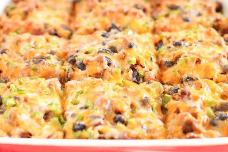 A dish of Beef, Rice and Beans Tex-Mex Casserole.