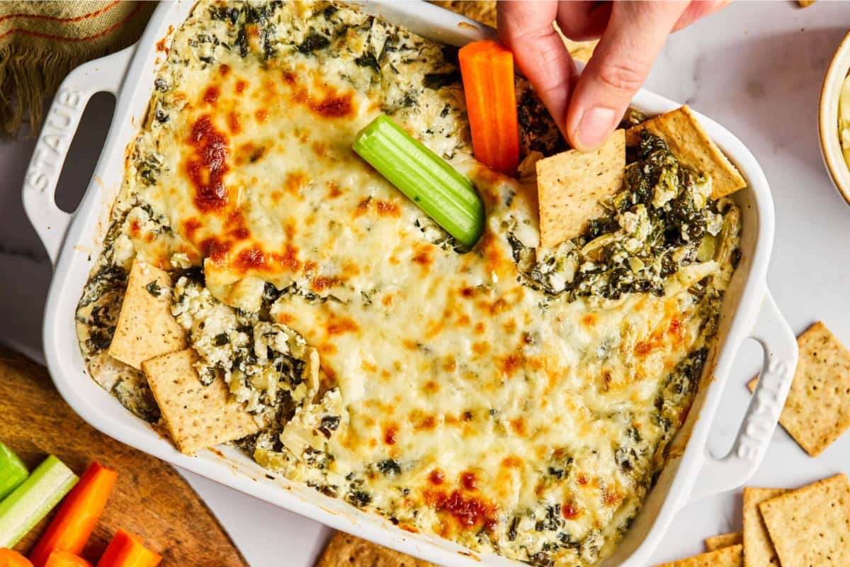 A dish of Cottage Cheese Spinach Artichoke Dip.