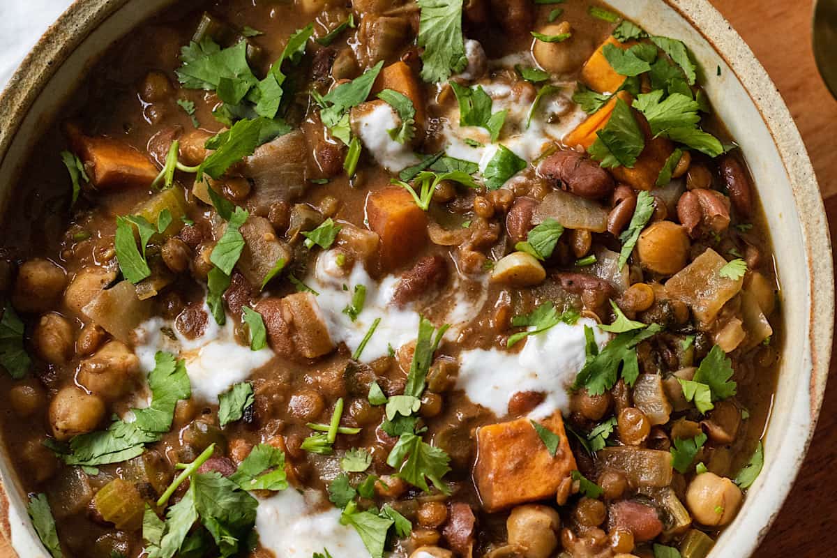 A bowl of Instant Pot Bean and Lentil White Chili.