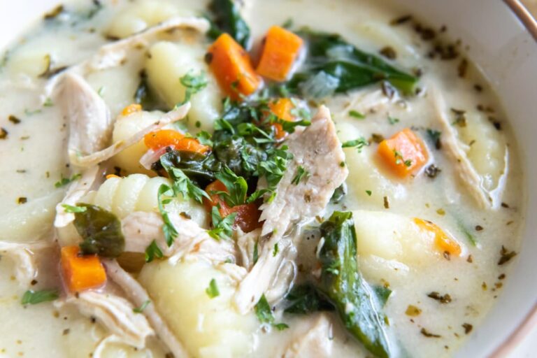 A bowl of instant pot chicken gnocchi soup.