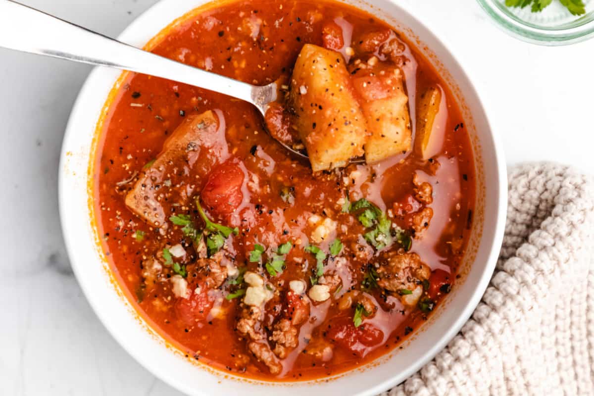 A bowl of Instant Pot Hamburger Soup.