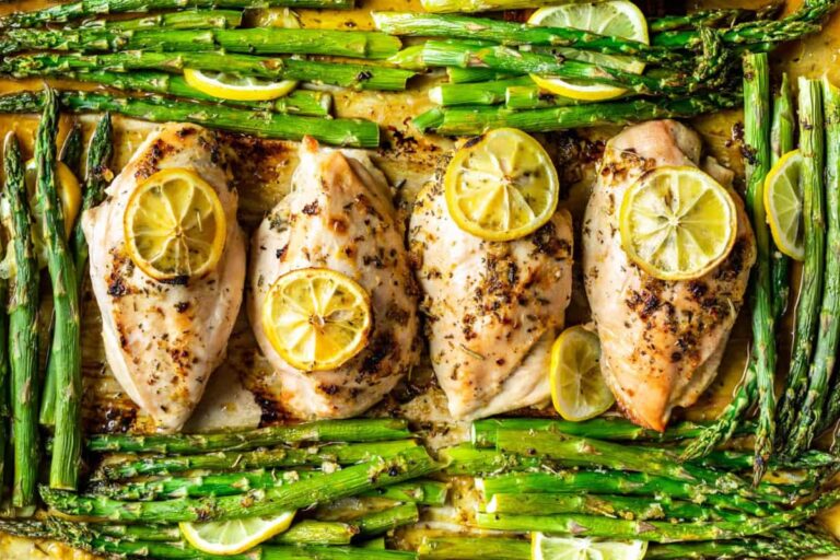 Overhead image of Lemon Chicken and Asparagus Sheet Pan Dinner.