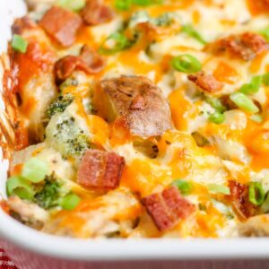 A dish of loaded chicken potato casserole.