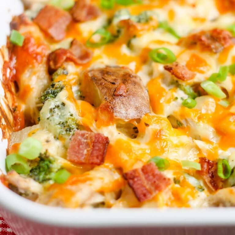 A dish of loaded chicken potato casserole.