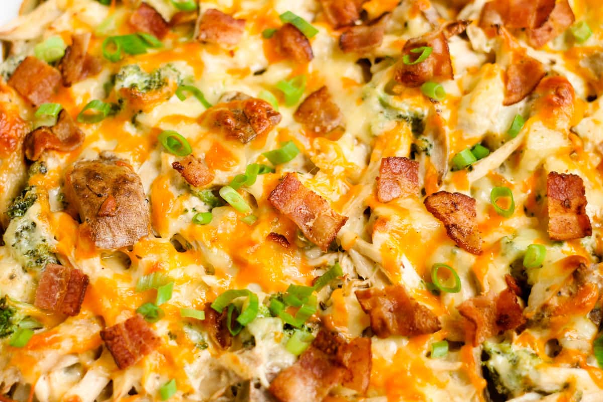 A dish of loaded chicken potato casserole.