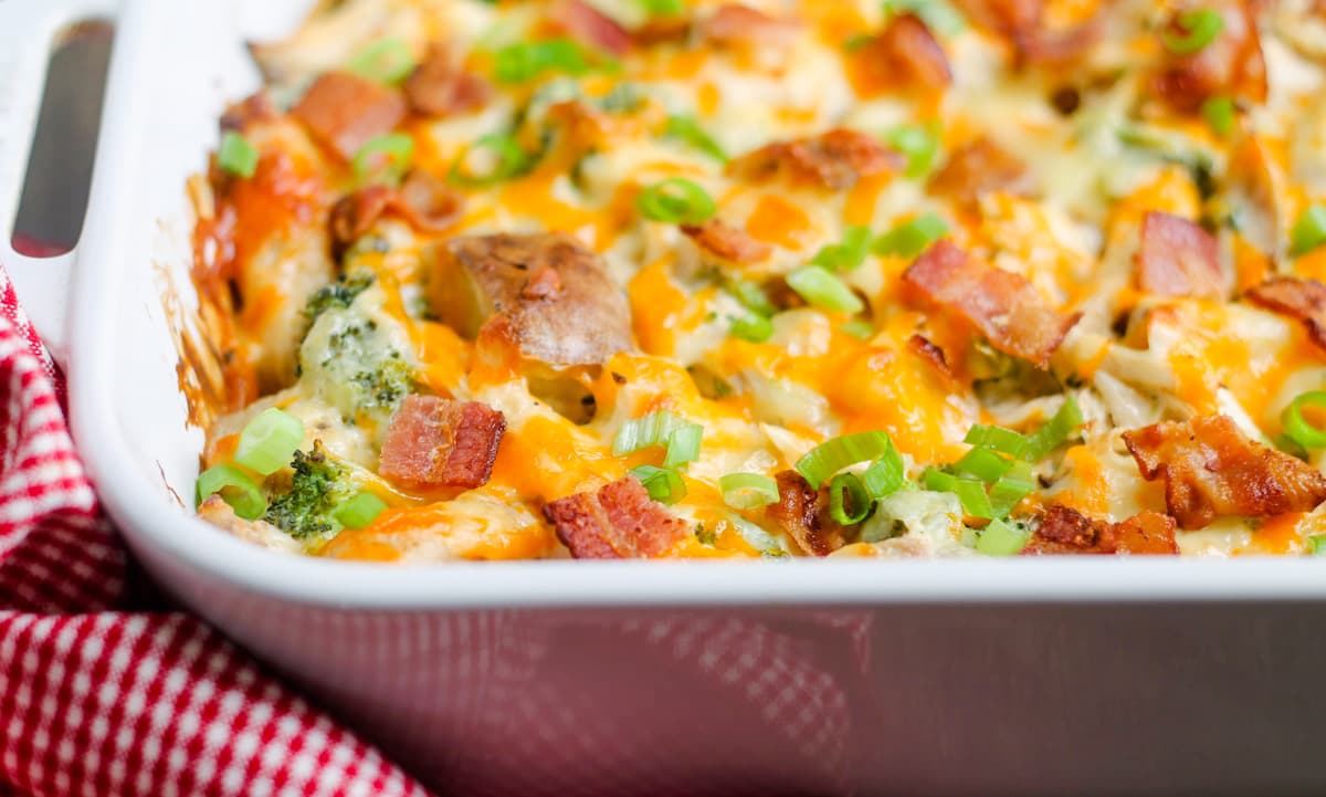 A dish of loaded chicken potato casserole.