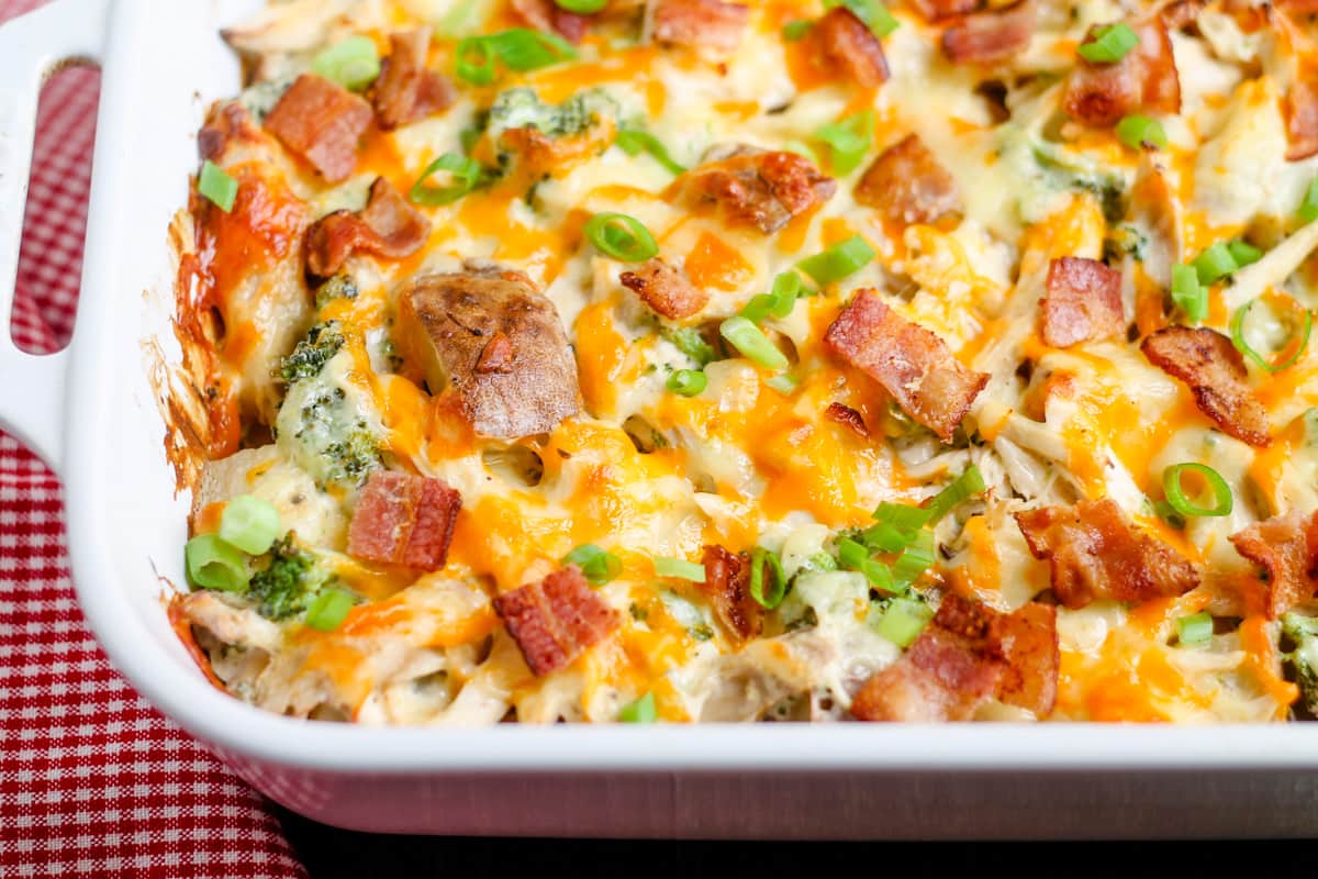 A dish of loaded chicken potato casserole.