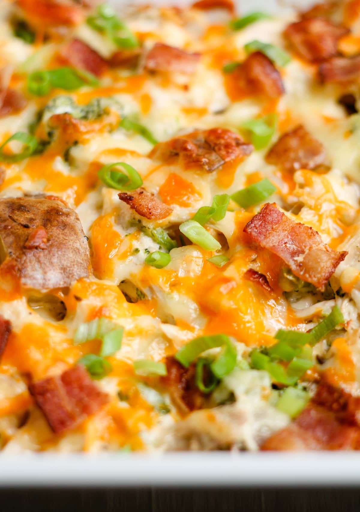 A dish of loaded chicken potato casserole.