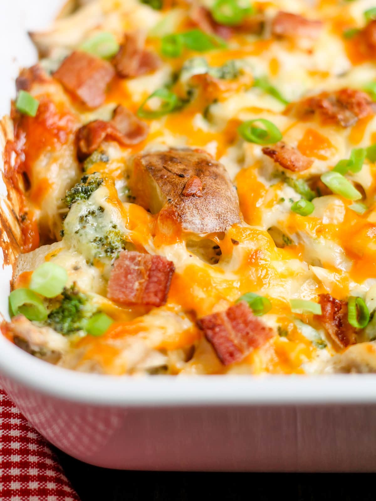A dish of loaded chicken potato casserole.