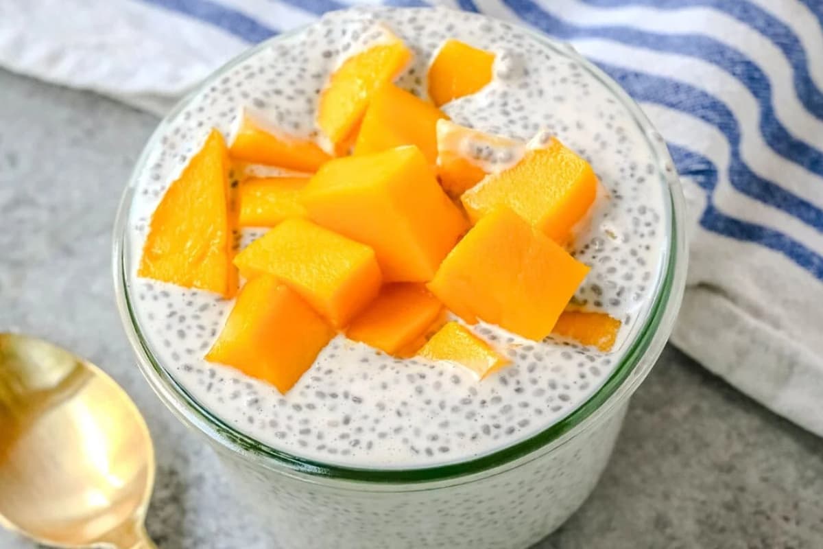 A bowl of Mango Coconut Chia Pudding.