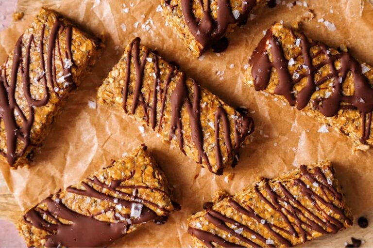 A tray of Sunbutter Oat Protein Bars with Chocolate Drizzle.
