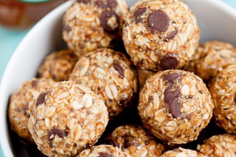 A bowl of No-Bake Peanut Butter Flax Energy Balls.