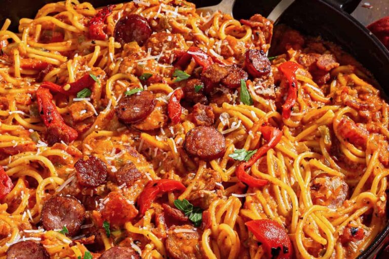 A dish of creamy sausage pasta.