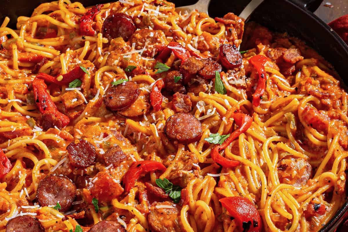 A dish of creamy sausage pasta.