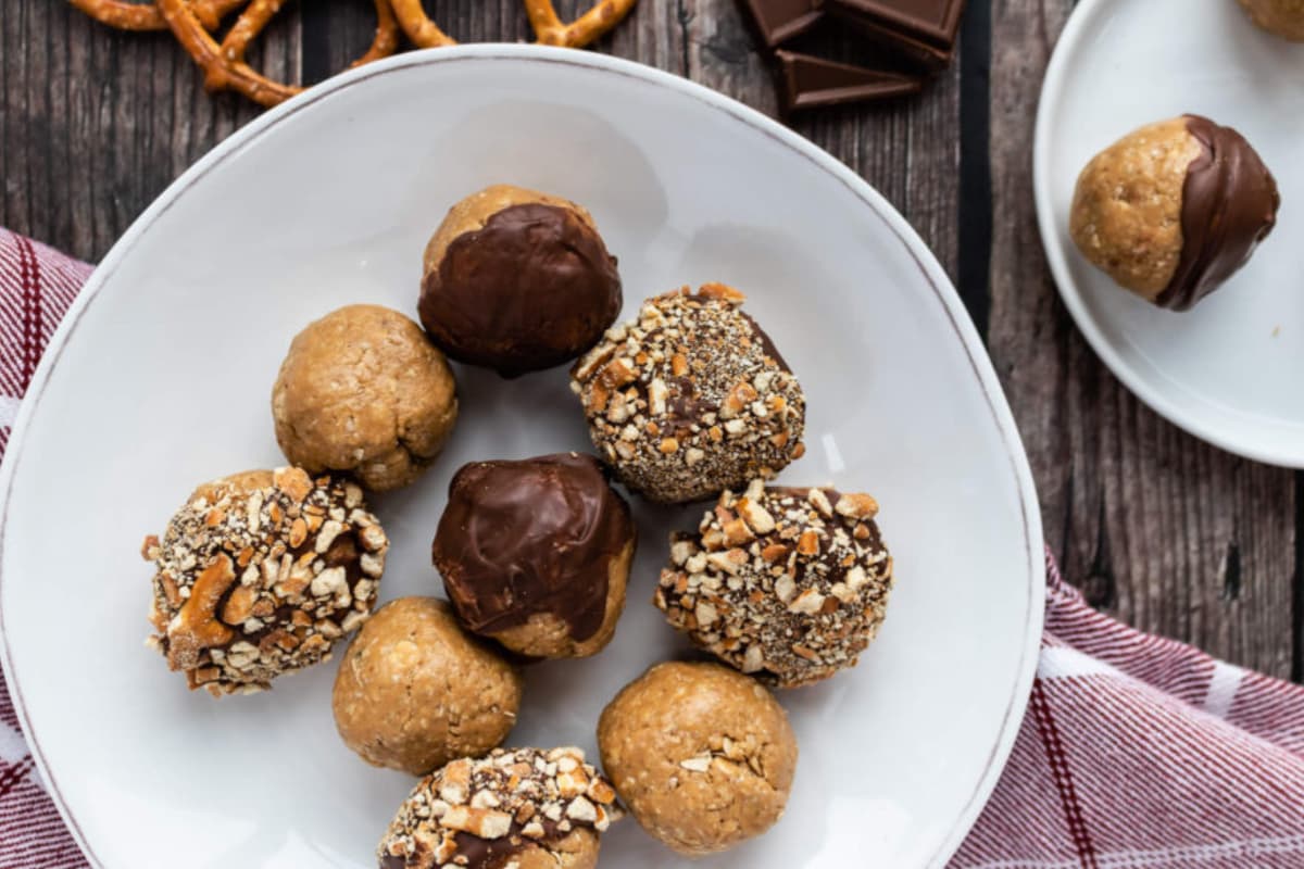 A plate of Peanut Butter Pretzel Protein Balls.