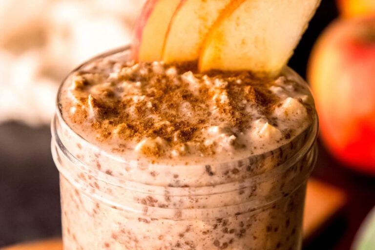 A jar of High Protein Apple Cinnamon Overnight Oats.