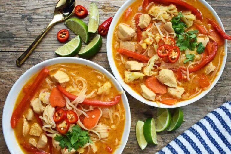 Bowls of Thai Chicken Noodle Soup.